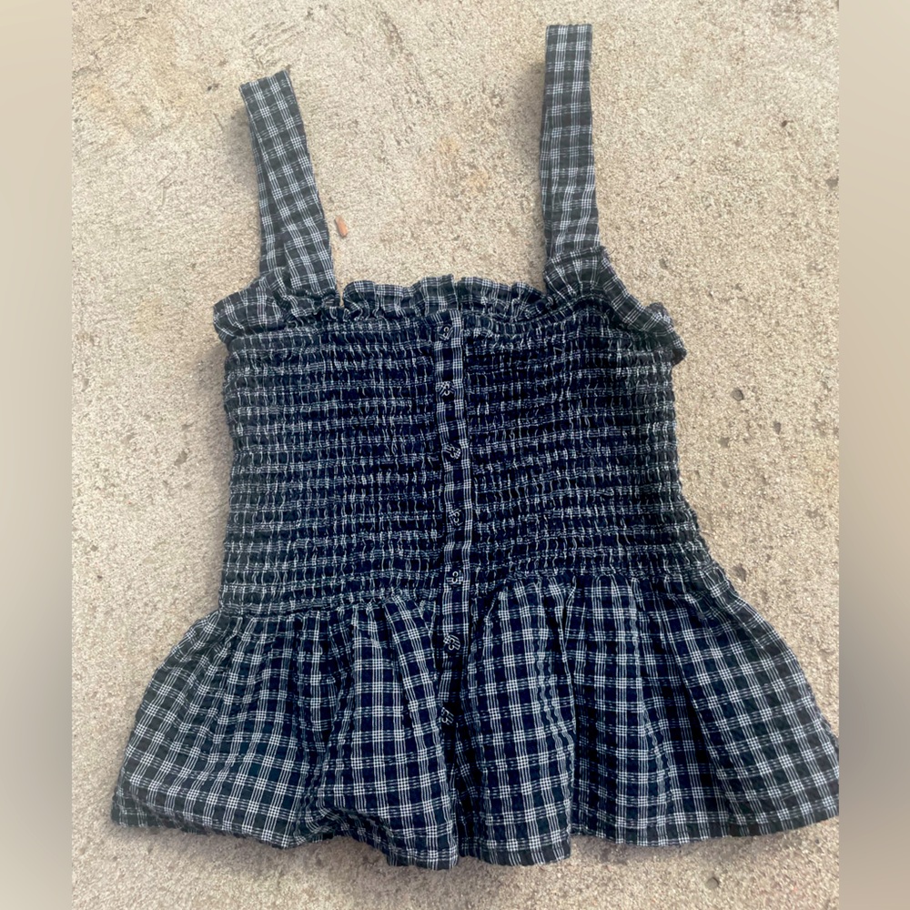 Forever 21 Plaid Smocked Peplum Tank Top with Buttons